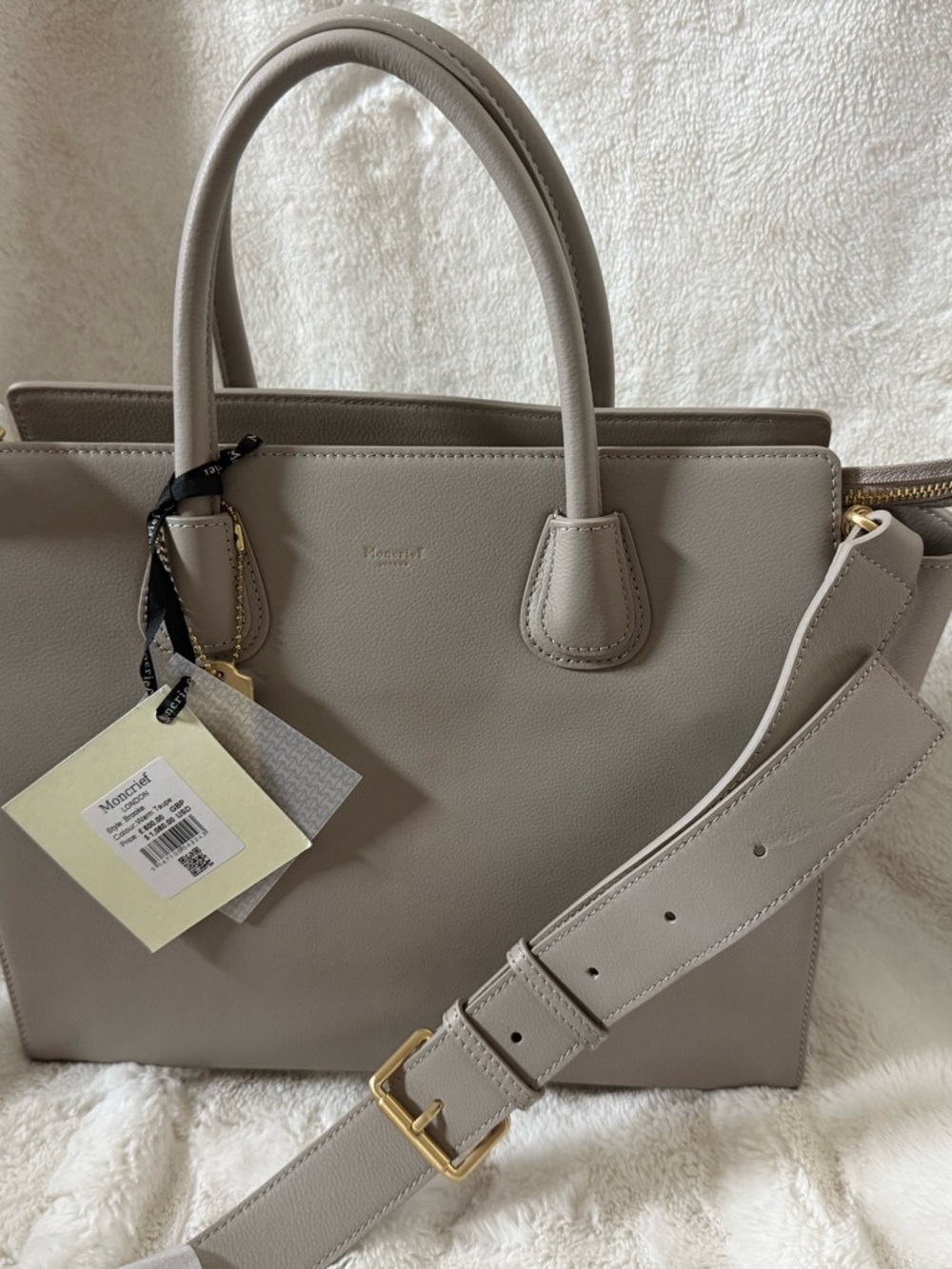 Moncrief London “Brooke” Tote – Warm Taupe with Gold